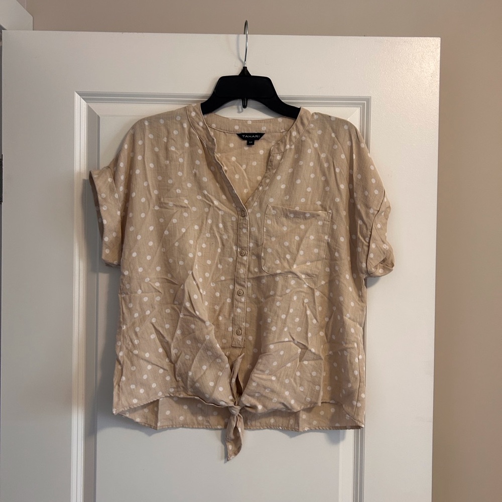 Tan Polka Dot Button-Up Women Top Tahari Small
